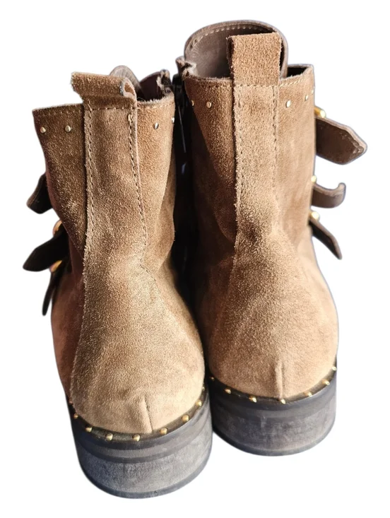 Minelli Italy Studded Leather Suede Ankle Boots With Buckle Dark Taupe Size 39 - Picture 4 of 11